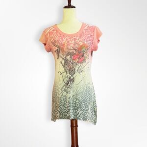 ClothesHead, VTG Y2K Pink Grey Abstract Cat Dyed Tunic, S Fairy Grunge